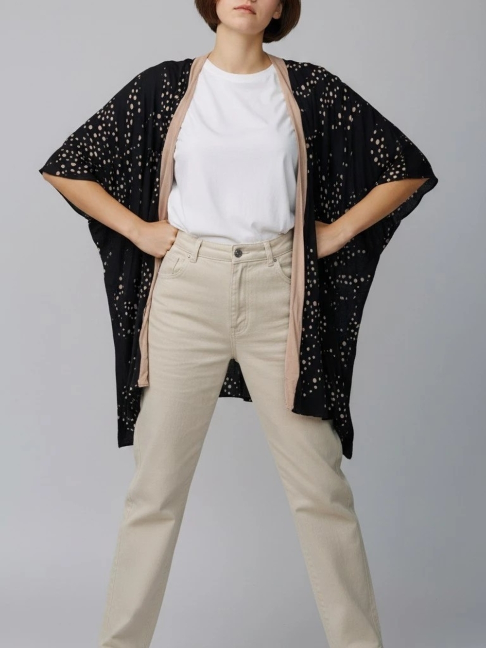 Black and Beige Open-Front Women's Kimono